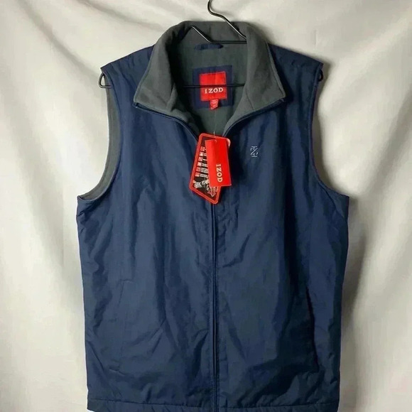 NWT IZOD MENS SIZE SMALL NAVY VEST GRAY FLEECE LINING ZIP FRONT MULTI POCKETS - Picture 1 of 16